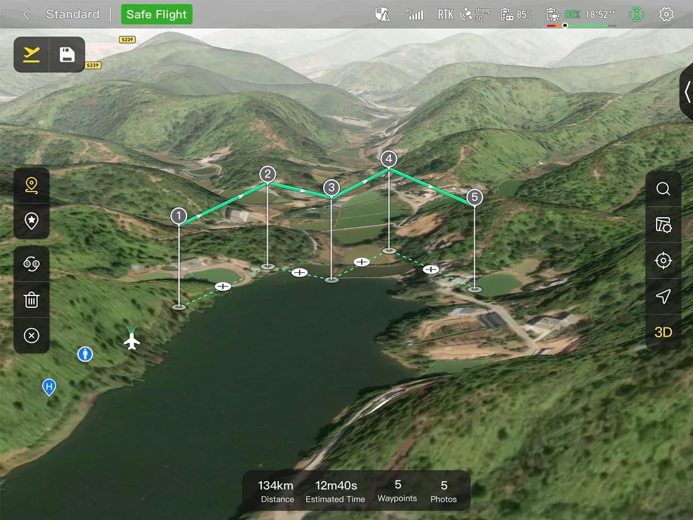 Plan, create, and execute 3D waypoint mission plan on a 3D map.